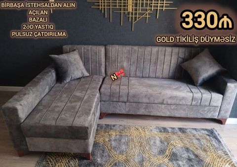 Künc divan – açılan, bazalı model - Gold tikişli, düyməsiz dizayn - 2 — Bakı