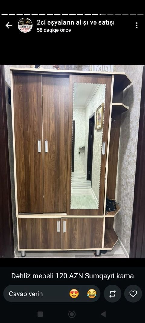 İşlənmiş, 2 qapılı, Güzgülü, Qəhvəyi, Kupe, Düz dolab — Sumqayıt