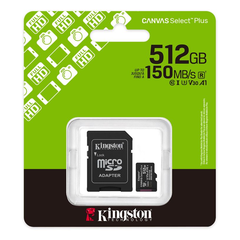 Kingston 512GB microSDXC Canvas Select Plus Gen3 150MB/s A1 Card + Adapter SDCS3/512GB — Kompüterlər və noutbuklar, Bakı