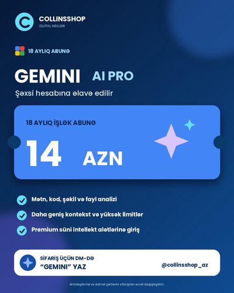 Gemini AI Pro 18 Aylıq Abunəlik – Google Süni İntellekt (Zəmanətli) — Bakı