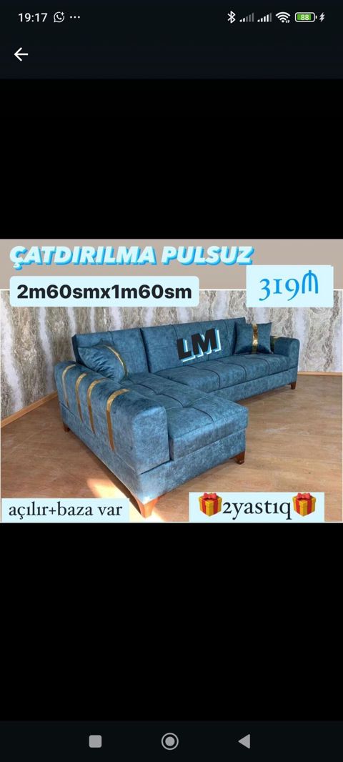 Künc divan – mavi rəng, modern dizayn - Ölçü: 2 m 60 sm x 1 m 60 sm — Bakı
