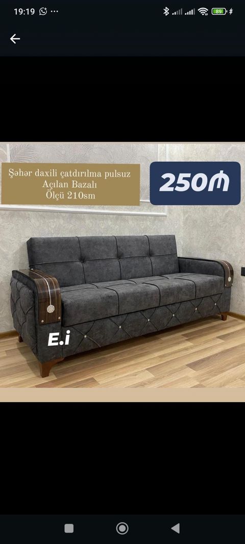 Açılan bazalı divan – 210 sm - Rəng: tünd boz - Material: yumşaq parça — Bakı
