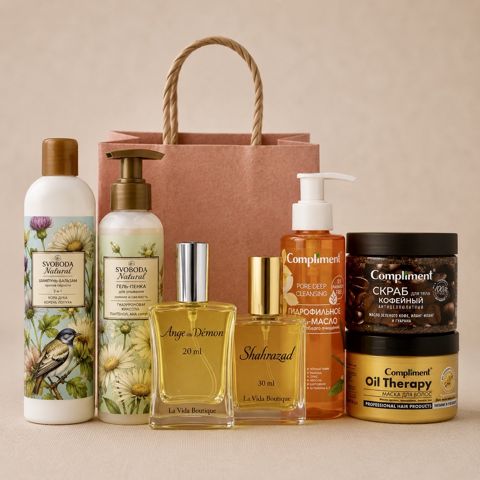 Hədiyyə dəsti No brand qadınlar üçün (şampun-balzam + yuyunma üçün gel-köpük + ətir suyu Ange ou Démon 20 ml + ətir suyu Shahrazad 30 ml + bədən üçün skrab + saç üçün maska + hidrofil gel-yağ) — Bakı