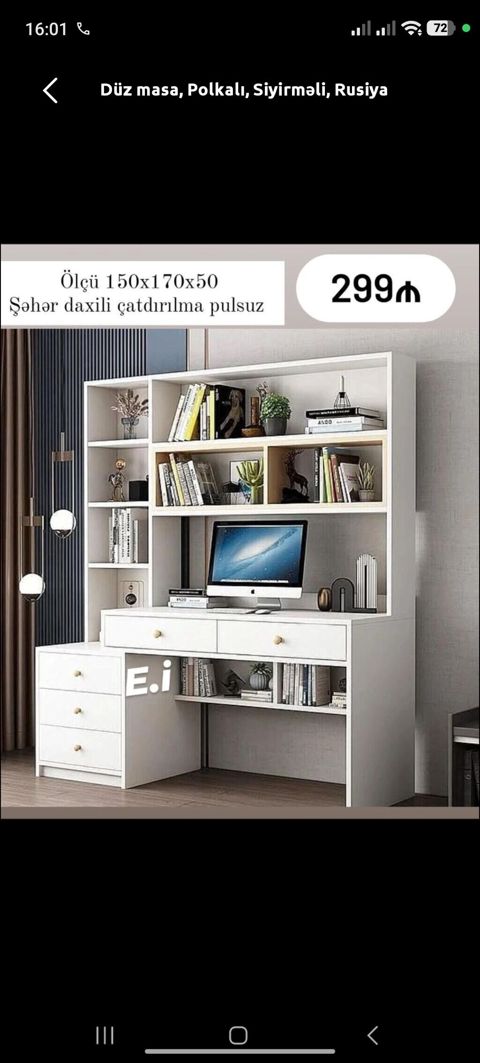 Məhsul: Düz iş masası, rəfli və siyirməli Ölçü: 150 x 170 x 50 sm — Digah
