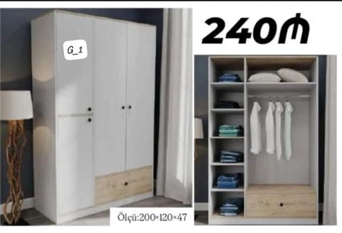 Üç qapılı paltar dolabı - Rəng: ağ gövdə, alt hissədə ağac teksturalı — Sumqayıt