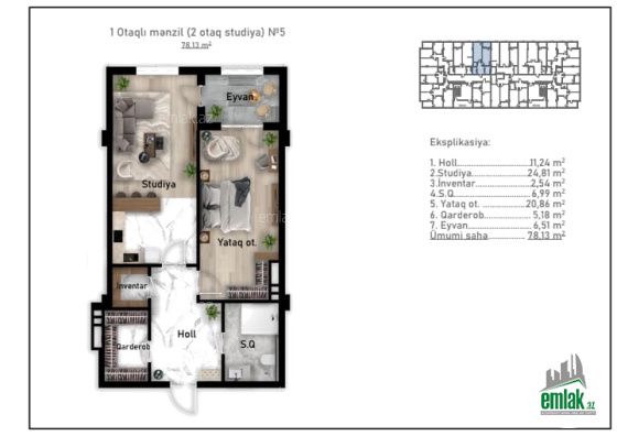 Satılır 1 otaqlı 78.13 m² yeni tikili Nizami m — Mənzil (5)