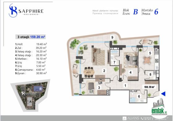 Satılır 3 otaqlı 159.2 m² yeni tikili Yasamal r — Mənzil (5)