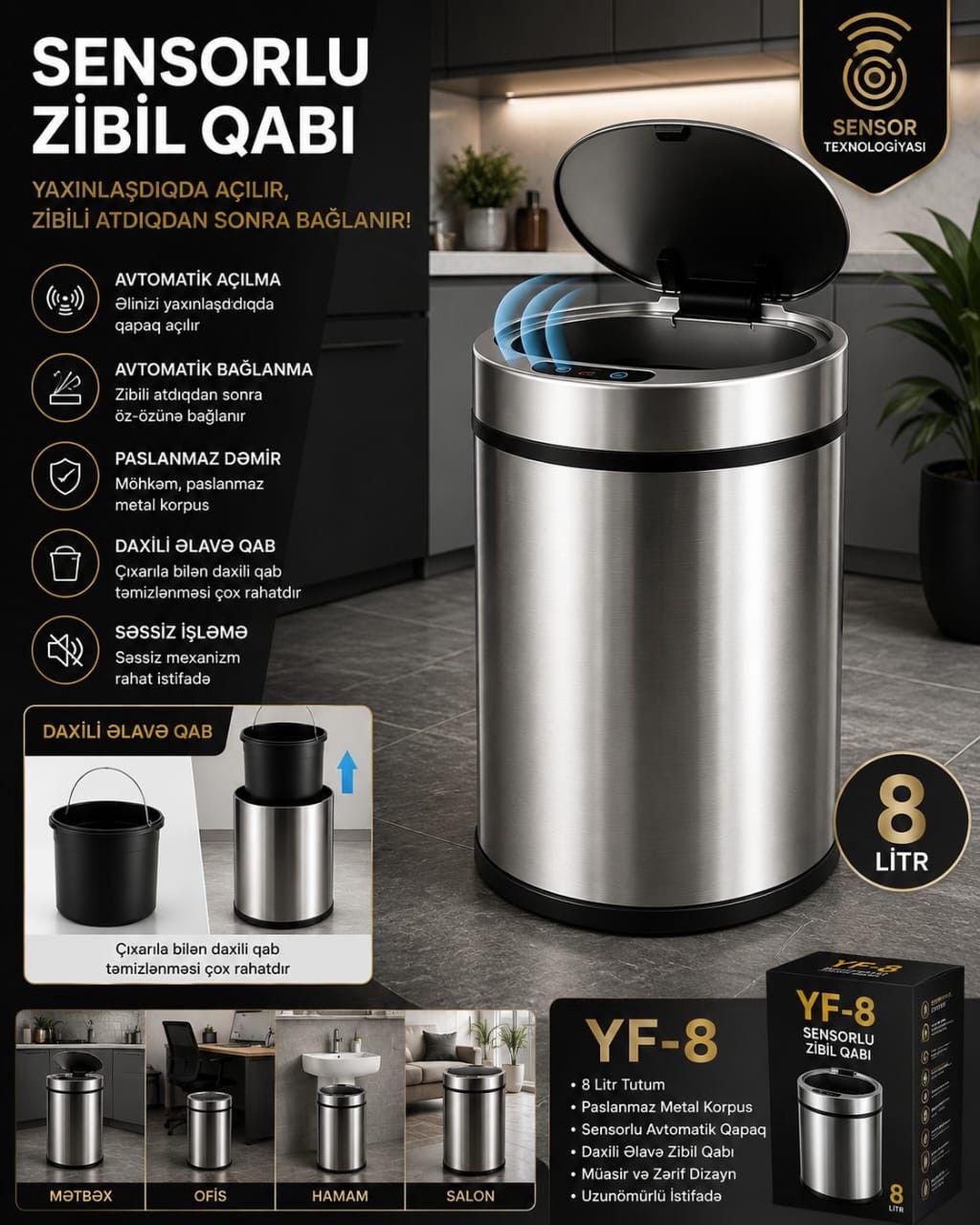 Zibil vedrəsi sensorlu YF-8, 8 l, paslanmayan polad — Mallar, Bakı (2)