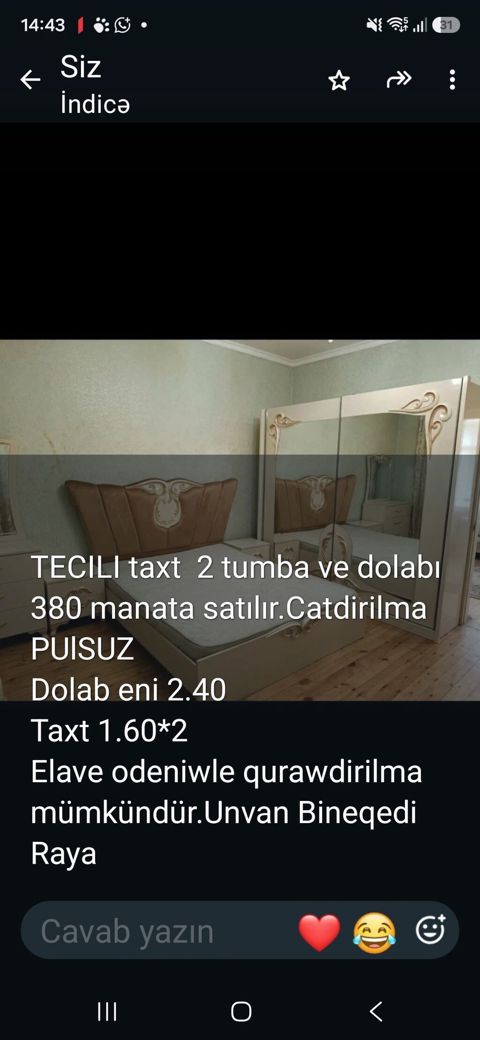Yataq otağı dəsti Tərkibi: - Taxt - 2 tumbə - Güzgülü dolab Ölçülər — Sumqayıt