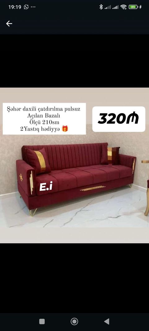 Açılan-bazalı divan - Ölçü: 210 sm - Rəng: tünd bordo, qızılı dekor — Bakı