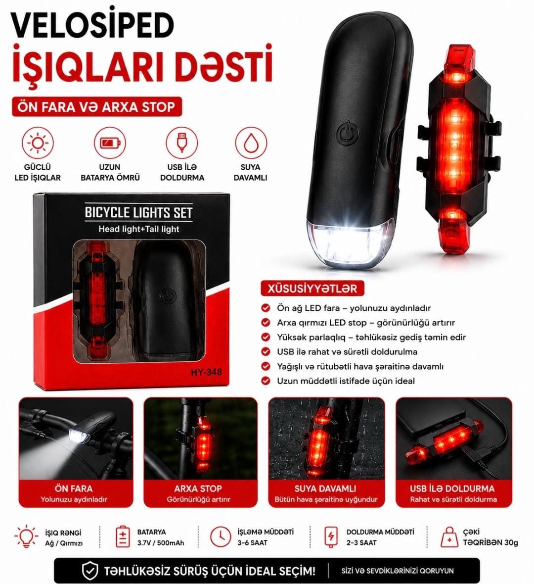 Velosiped fənəri 007, ön fənər/arxa stop, 3.7 Vt, qara — Mallar, Bakı (2)
