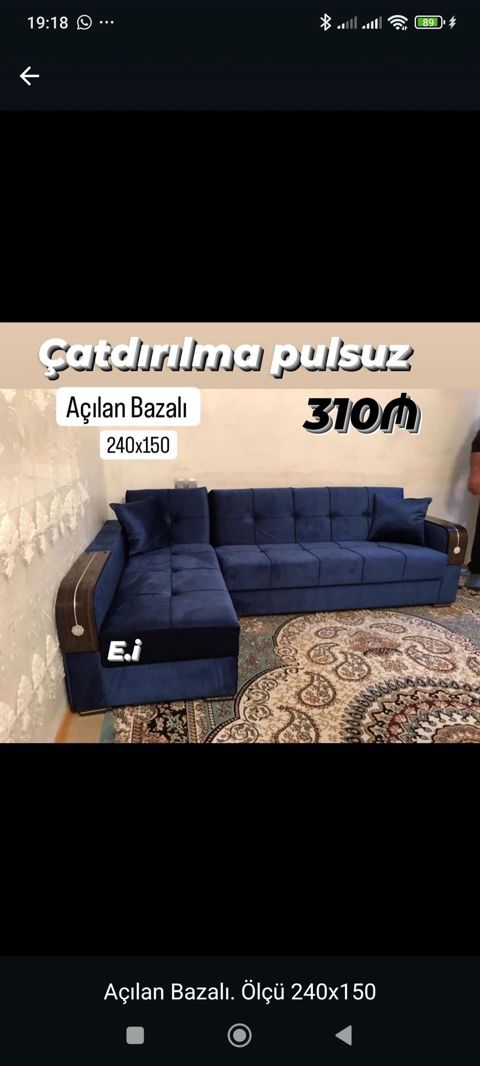 Açılan bazalı künc divan - Ölçü: 240 x 150 sm - Mexanizm: açılan — Bakı