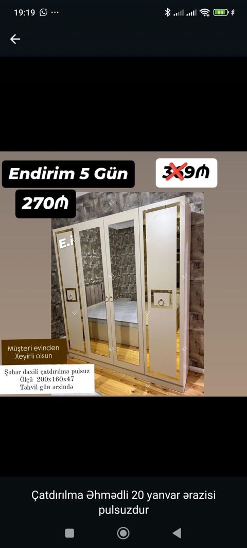 Üç qapılı güzgülü paltar dolabı - Ölçü: 200 x 160 x 47 sm - Rəng — Bakı
