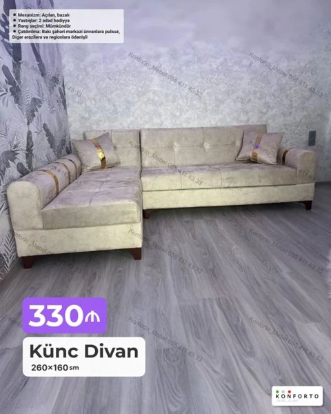 Künc Divan – 260×160 sm - Mexanizm: açılan, bazalı (yuxarı hissə — Bakı