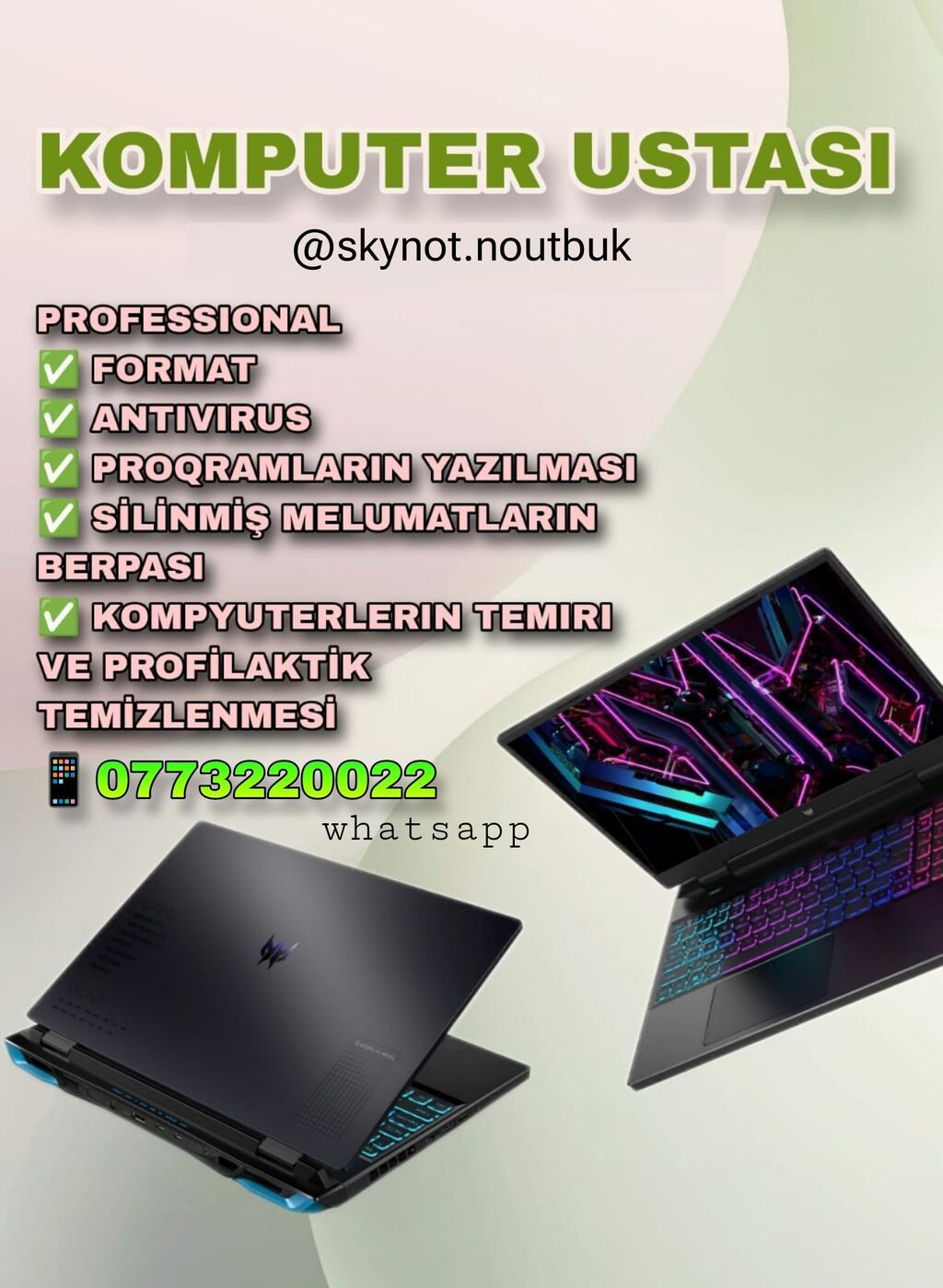 Skyelectro komputer/noutbuk ustası - 0773220022 whatsapp format — Kompüter və noutbuk təmiri, Bakı (5)
