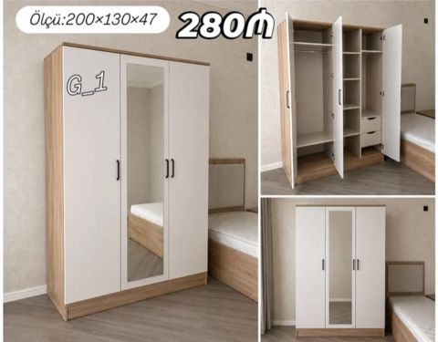 Üç qapılı paltar şkafı – model G_1 Ölçü: 200×130×47 sm Qiymət: 280 — Dolab Taxt Çarpayı Mebel Fabriki ✨Əfsanə.x — Mebel
