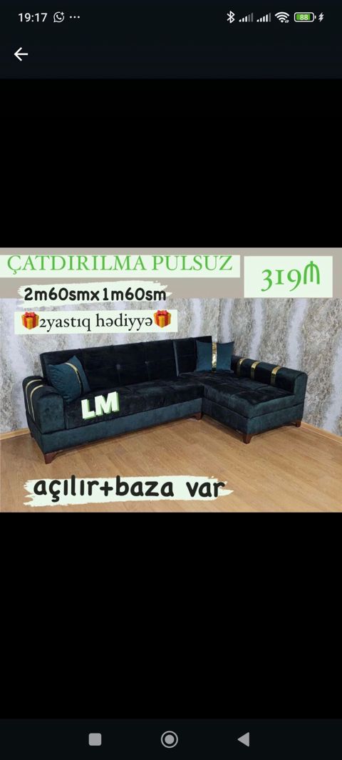 Künc divan – açılır mexanizmli və baza saxlamalı. - Ölçü: 2 m 60 sm x — Bakı