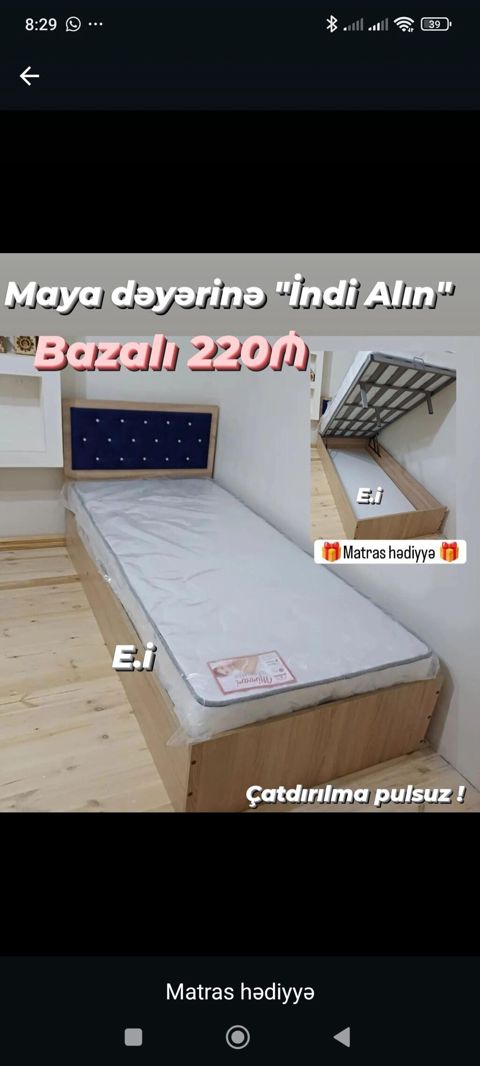 Bazalı tək nəfərlik çarpayı - Ölçü: tək nəfərlik - Bazalı — Bakı