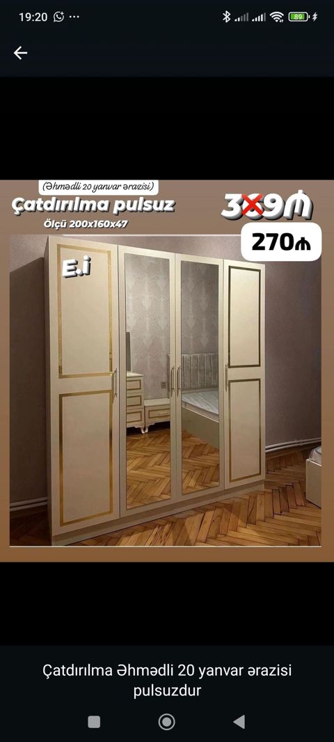 Üç qapılı şkaf – aynalı, klassik dizayn - Ölçü: 200×160×47 sm - Rəng — Bakı
