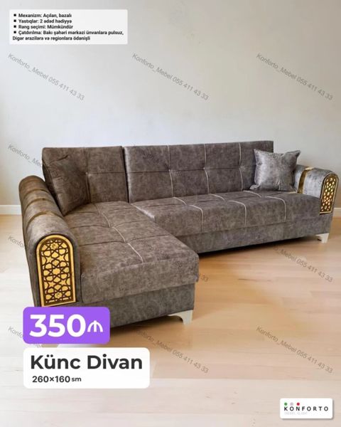 Künc divan – 260×160 sm - Mexanizm: açılandır, bazalı (yataq — Bakı