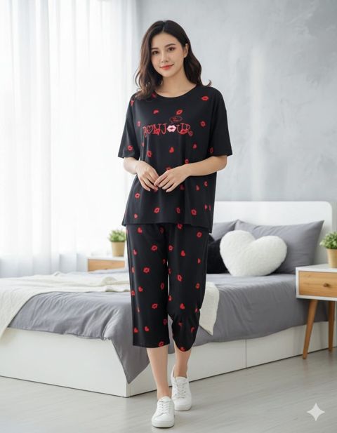 Qadınlar üçün şalvarlı pijama dəsti 1452, qara/qırmızı, pambıq, ölçü One Size — Bakı