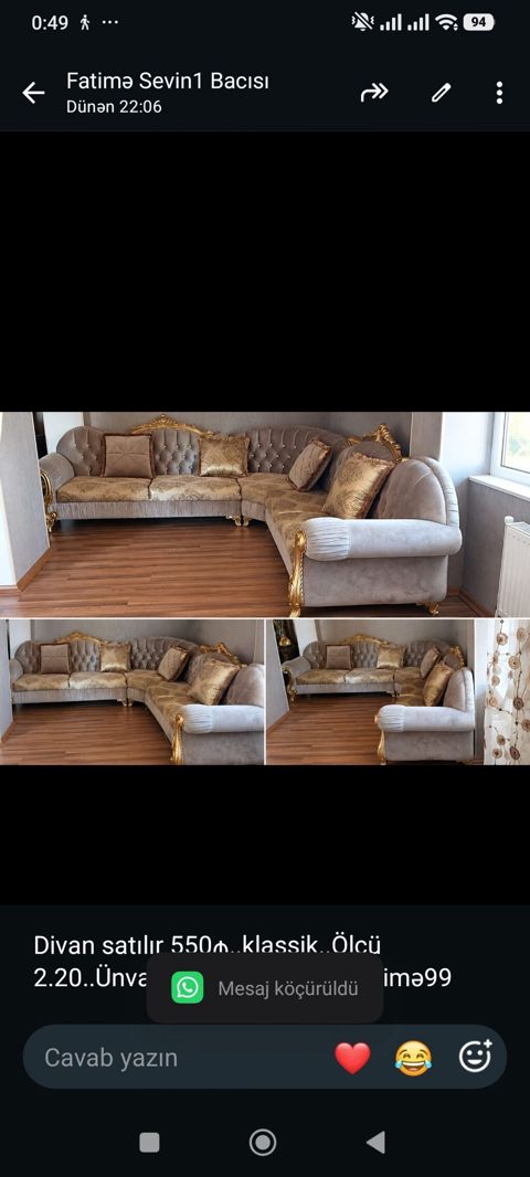 Divan satılır 550₼. klassik. Ölçü 2.20. Ünvan binə qəs. 8114. Fatimə99 — Bakı
