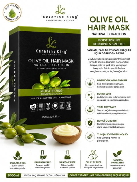 Saç maskası Keratine King Olive Oil Hair Mask Natural Extraction, 1000 ml — Bakı