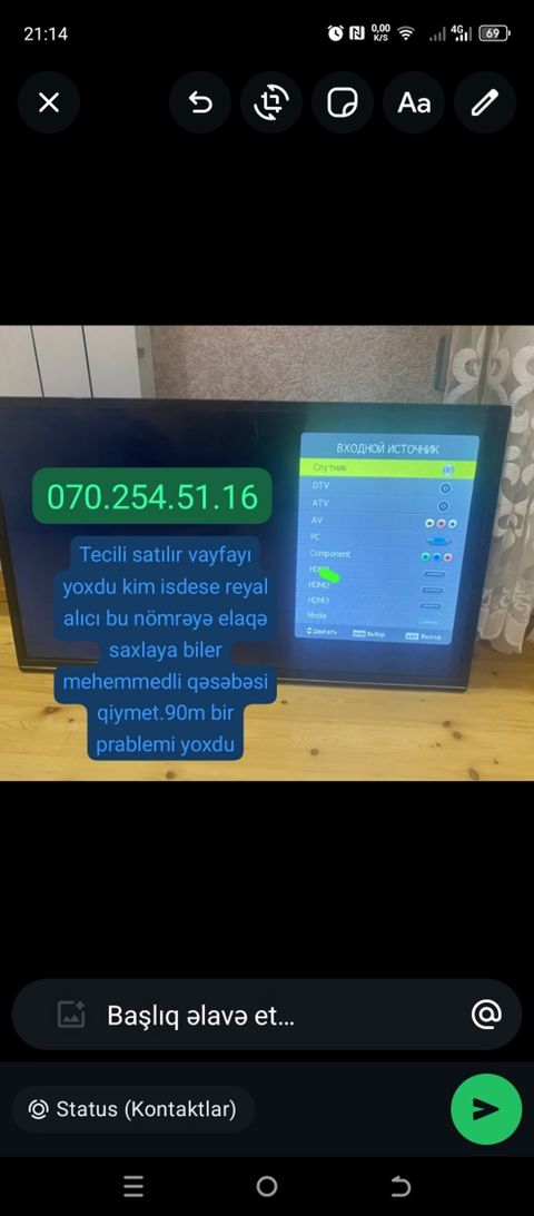 LED televizor Xüsusiyyətlər: - Ekran: təxminən 32–40 düym LED panel — Digah