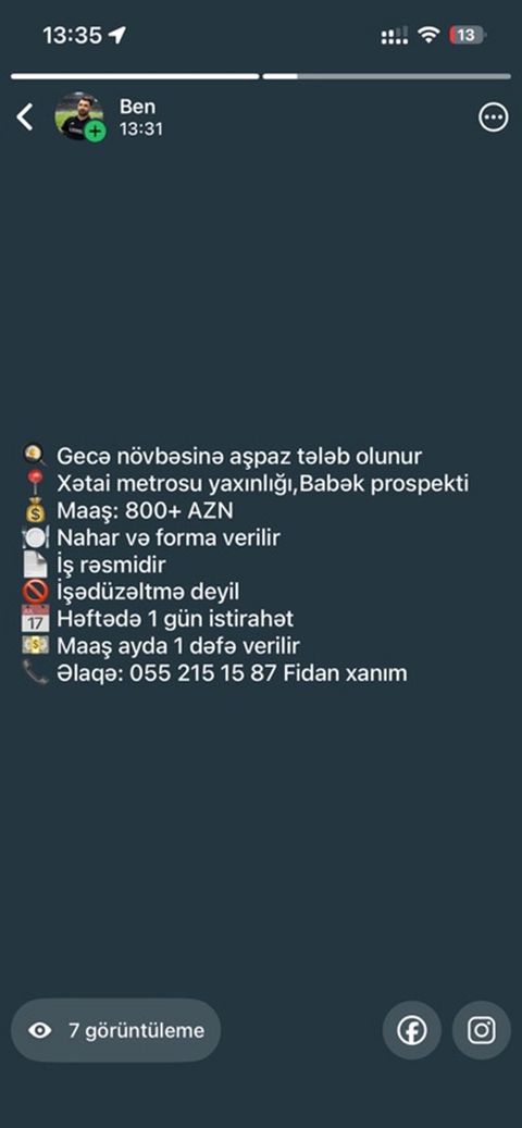 Vakansiya: Gecə növbəsi üçün aşpaz - Məkan: Xətai metrosu yaxınlığı — Bakı
