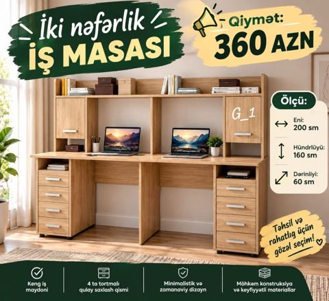 İki nəfərlik iş masası – G_1 modeli Ölçülər: eni 200 sm, hündürlüyü — sifaris_yeni_mebel_Gülü_Hüseyn