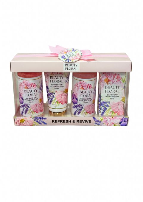 Bədənə qulluq üçün kosmetika dəsti Beauty Floral duş geli 300 ml + bədən losyonu 130 ml + duş üçün krem 300 ml + bərk sabun 150 g — Bakı