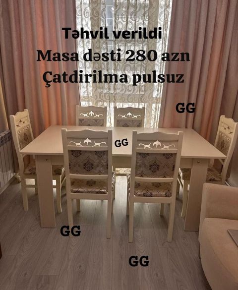 Masa dəsti – süfrə və 6 ədəd stuldan ibarət. Açıq krem/ağ tonlarda — Mehdiabad