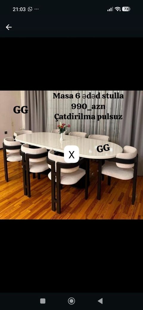 Yemək otağı dəsti – masa + 6 ədəd stul. - Masa: oval/uzadılmış — Bakı