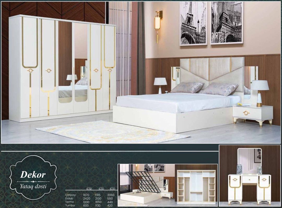 Yataq otağı dəsti 3683, laminat/MDF, krem/qızılı, 4 parça — Mallar, Bakı (2)