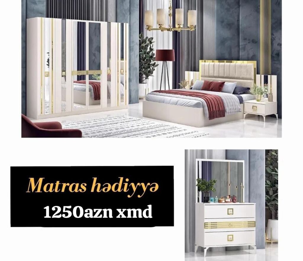 Yataq otağı dəsti – zərif qızılı detallar və modern dizayn Dəst — Yataq otağı mobilya dəstləri, Bakı