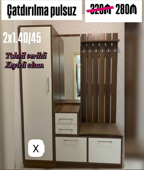 Dolablı dəhliz dəsti – asılqan, oturacaq və güzgülü komod kombini — Bakı