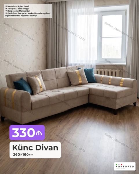 Künc Divan – 260×160 sm Mexanizm: Açılan, bazalı (yataq funksiyalı — Bakı