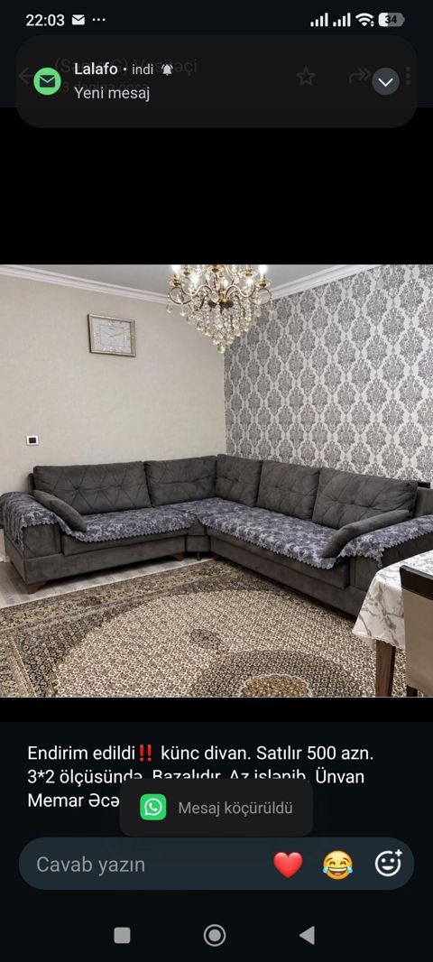Endirim edildi‼ künc divan. Satılır 500 azn. 3*2 ölçüsündə — Aişə Xanım