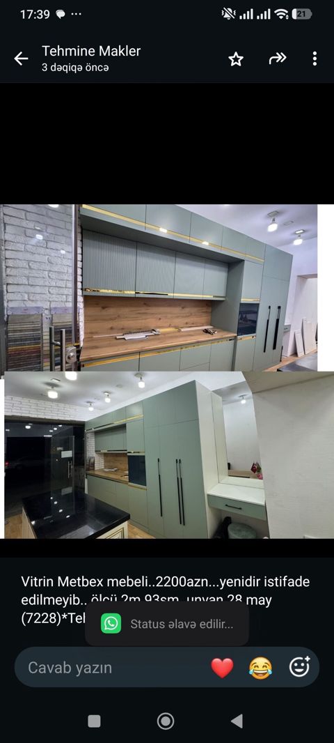 Vitrin Metbex mebeli. 2200azn. yenidir istifade edilmeyib. ölçü — Bakı