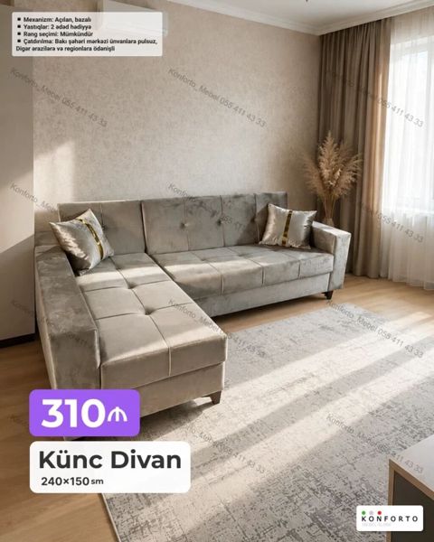 Künc divan – 240×150 sm - Açılan, bazalı mexanizm: yataq funksiyası — Bakı