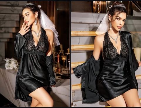 Qadınlar üçün gecə köynəyi dəsti ŞHN030, qara, elastan/pambıq, ölçü L/XL — Bakı