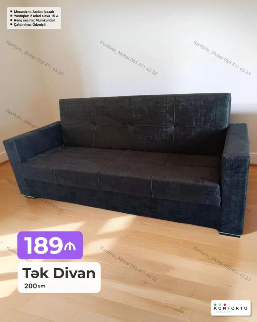 Tək divan – 200 sm - Açılan, bazalı mexanizm: yataq funksiyası və alt — Divanlər, Bakı