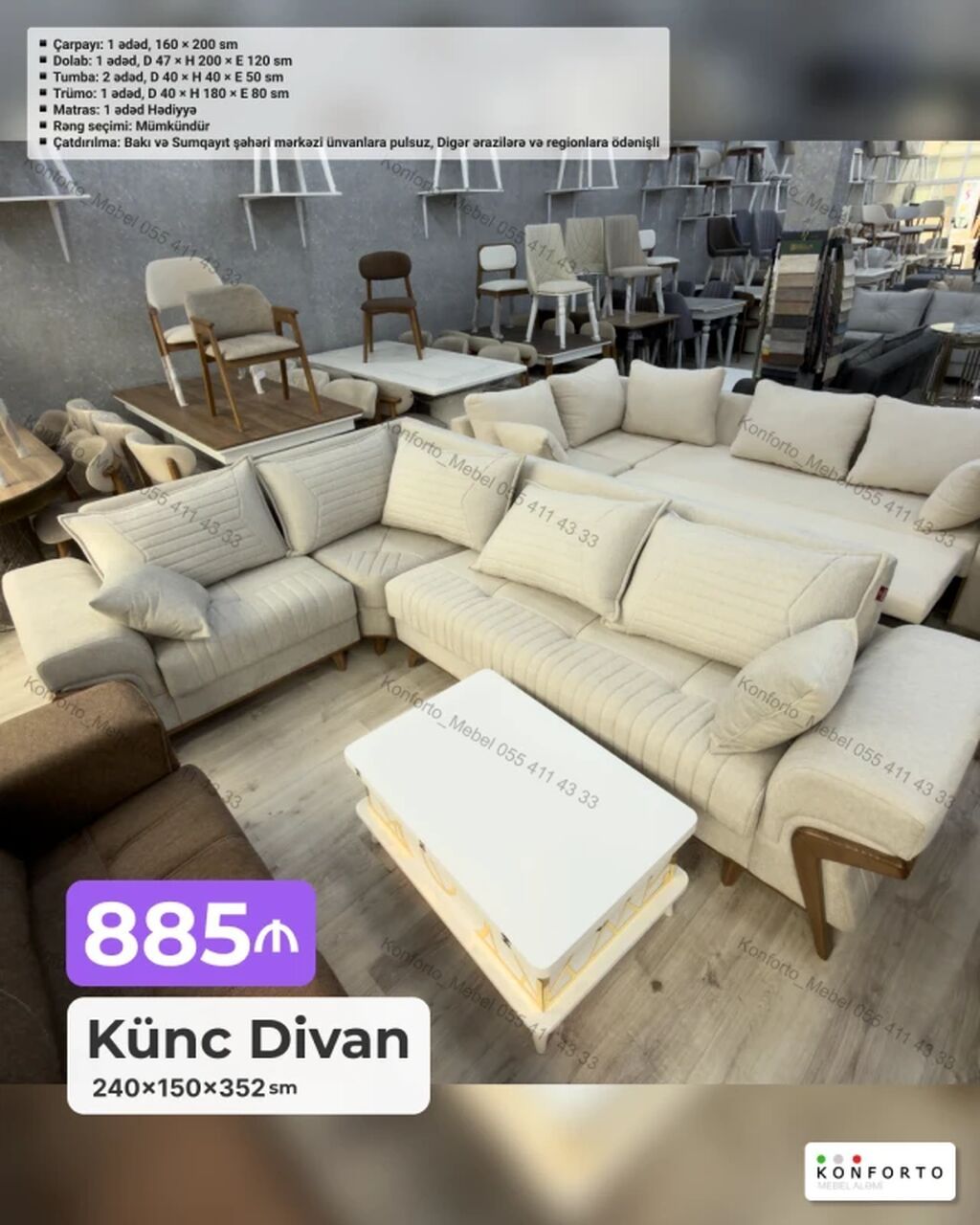Məhsul: Künc Divanlar Variantlar və ölçülər: - 240×150 sm — 310₼ — Divanlər, Bakı (4)
