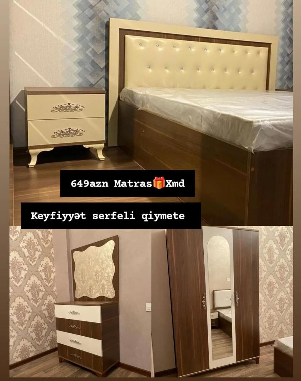 Yataq otağı mebel dəsti Tərkibi: - Yumşaq süni dəri başlıqlı, taxta — Yataq otağı mobilya dəstləri, Bakı