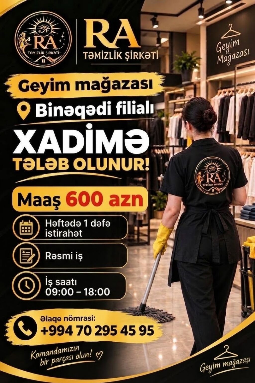RA Təmizlik Şirkəti – Geyim mağazası üçün xadimə vakansiyası — Ev personali və təmizlik, Digah