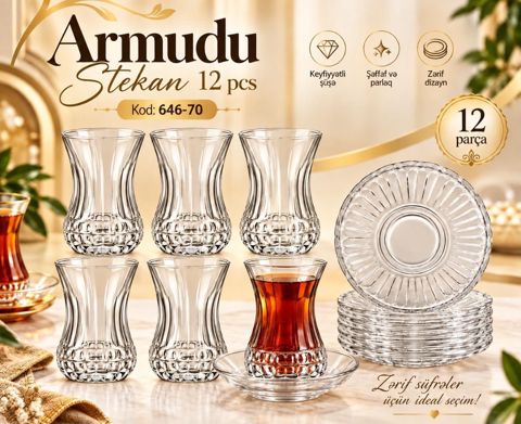 Armudu stəkan dəsti, 200 ml, şüşə, 6 nəfərlik, 12 parça — Bakı