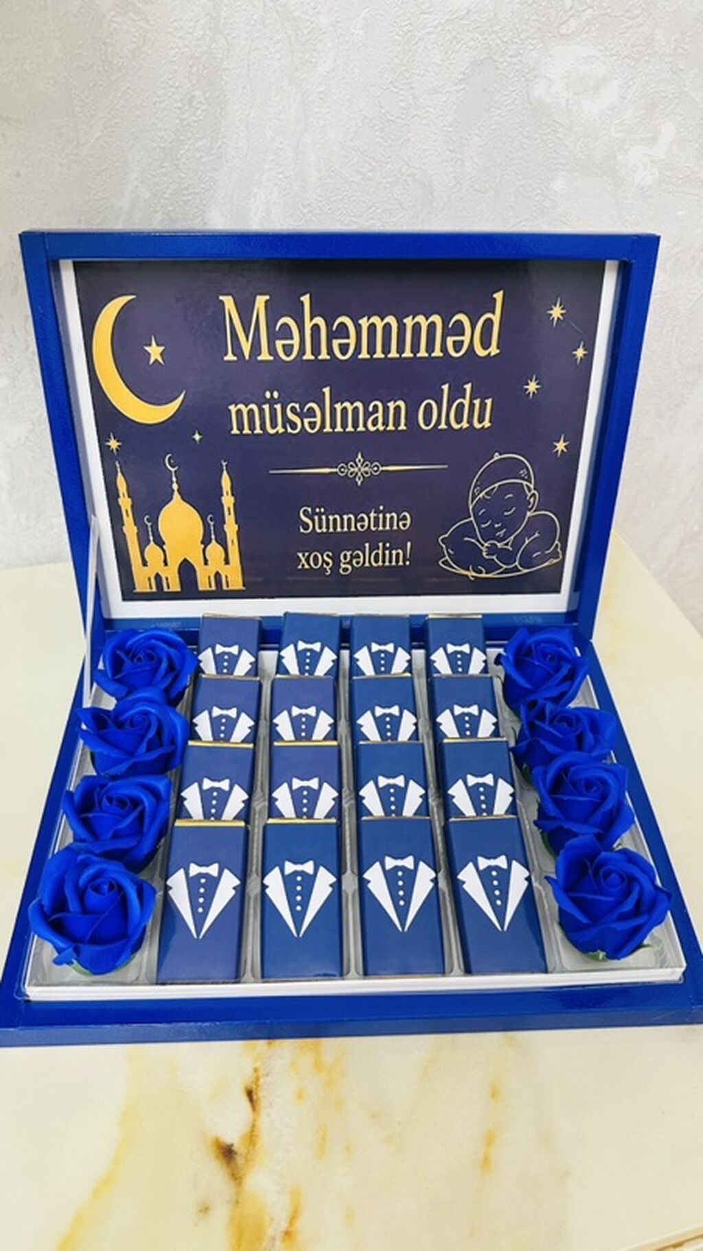 Sünnət mərasimi üçün hədiyyəlik şokolad dəsti - Mavi rəngli bərk — Bayram məmulatı, Masazır