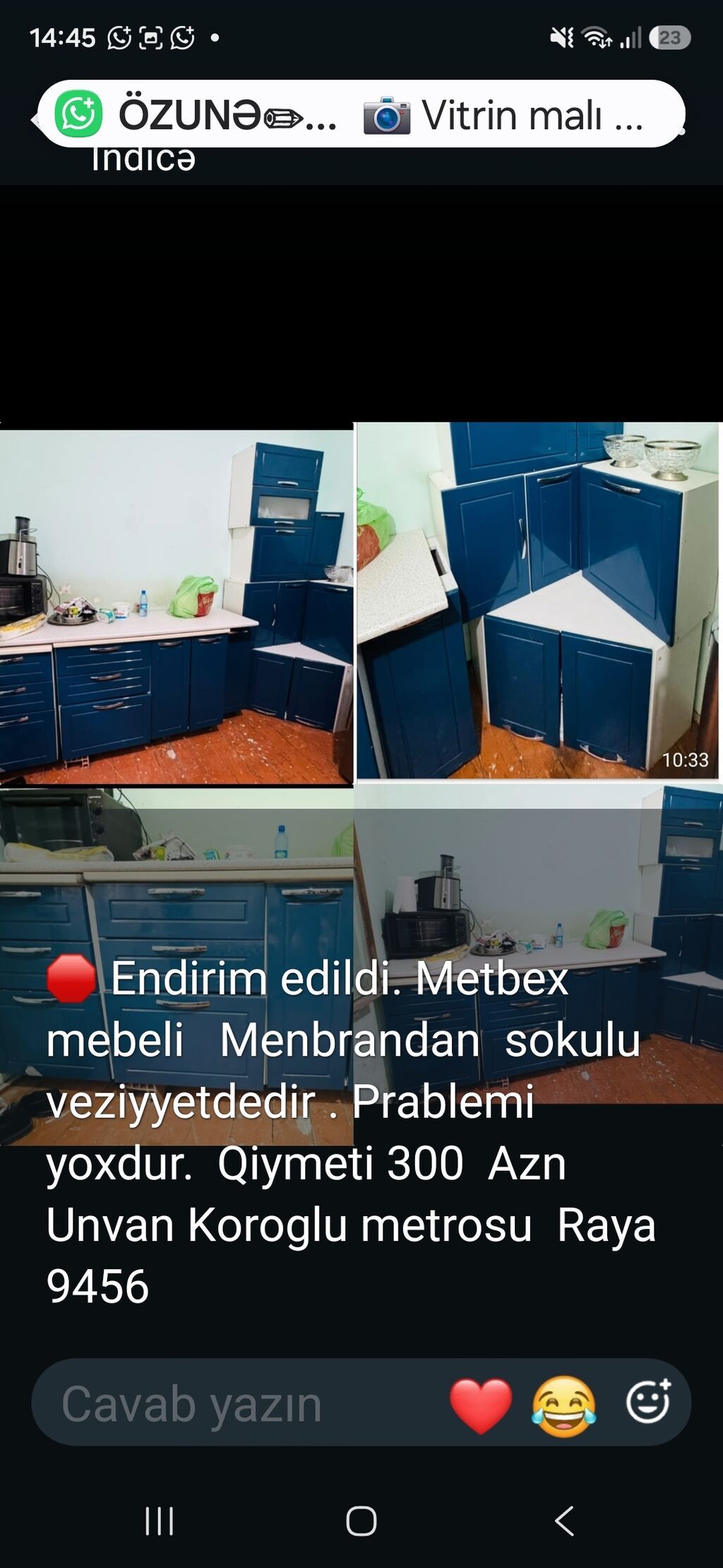 Mətbəx mebeli – membran materialdan. Komplekt: - Aşağı tumbalar: bir — Mətbəx mobilyası, Sumqayıt
