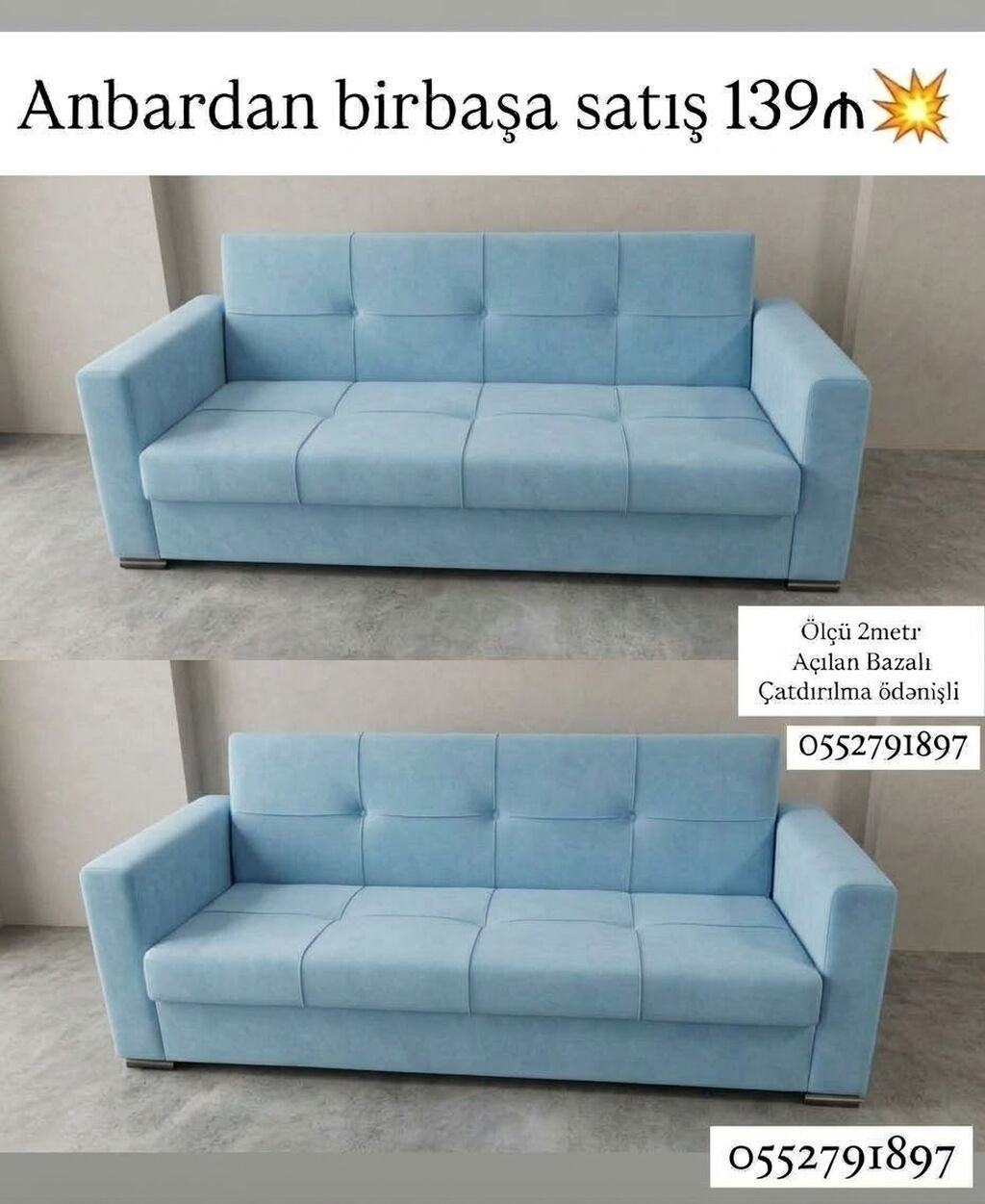 Mavi rəngli, müasir dizaynlı üçyerlik divan. - Ölçü: 2 metr - Açılan — Divanlər, Bakı