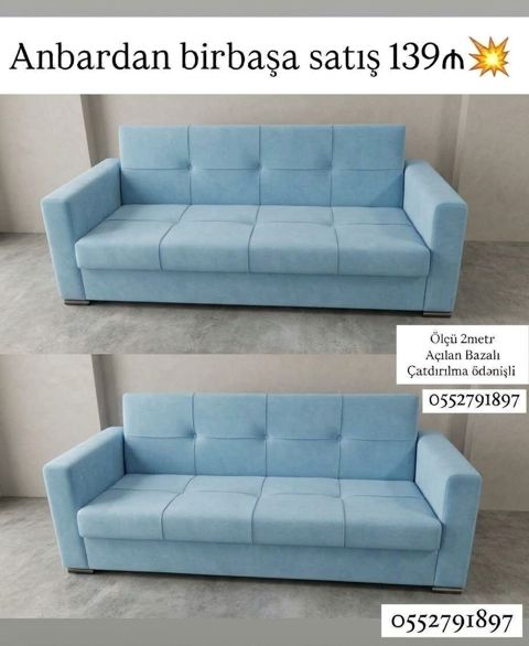 Mavi rəngli, müasir dizaynlı üçyerlik divan. - Ölçü: 2 metr - Açılan — Bakı